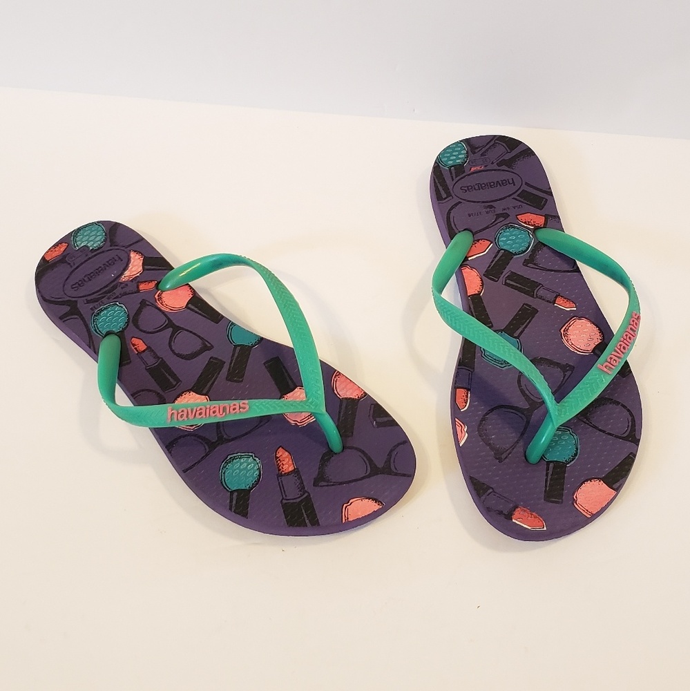 Havaianas purple and green flip flops